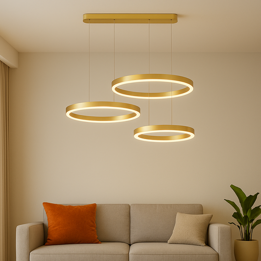 Závěsný LED lustr s dálkovým ovládáním PERU 150W, 3 kruhy, studené/teplé/neutrální světlo, stmívatelné, lesklé zlaté, nastavitelná výška Moderní lustry Výchozí název Alessandro Design