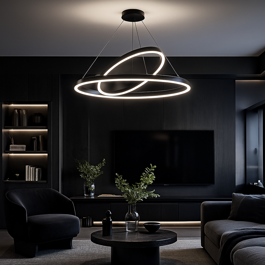 LED závěsný lustr PAGANO 47W, 3000K, 2 kruhy, černý, nastavitelná výška Moderní lustry Výchozí název Alessandro Design