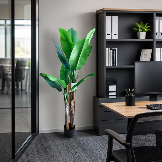 Planta Artificială Copac Tip Bananier, 160 cm, 2 tulpini, 10 frunze, Verde, cu Ghiveci