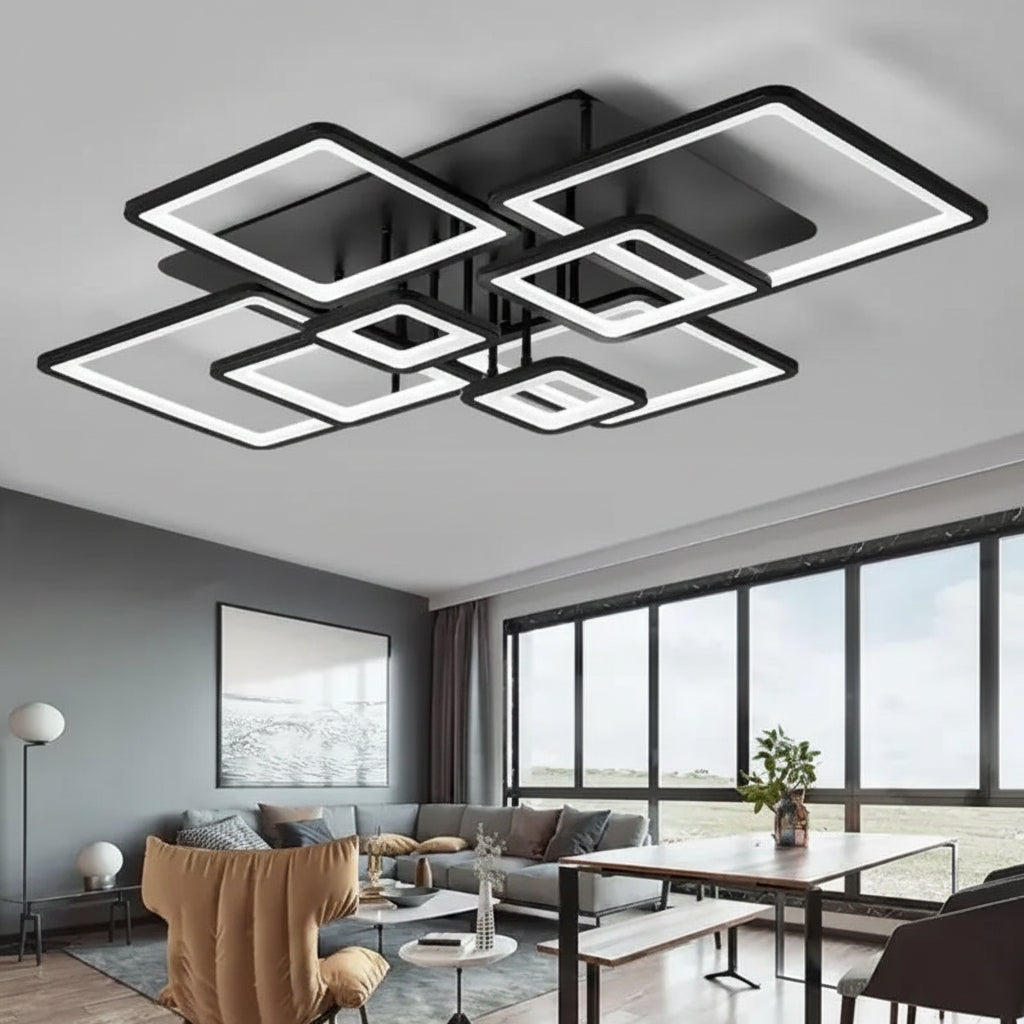 LED lustr s dálkovým ovládáním ELLA 186W, 8 čtverců, studené/teplé/neutrální světlo, stmívatelné, černé LED lustry s dálkovým ovládáním Výchozí název Alessandro Design