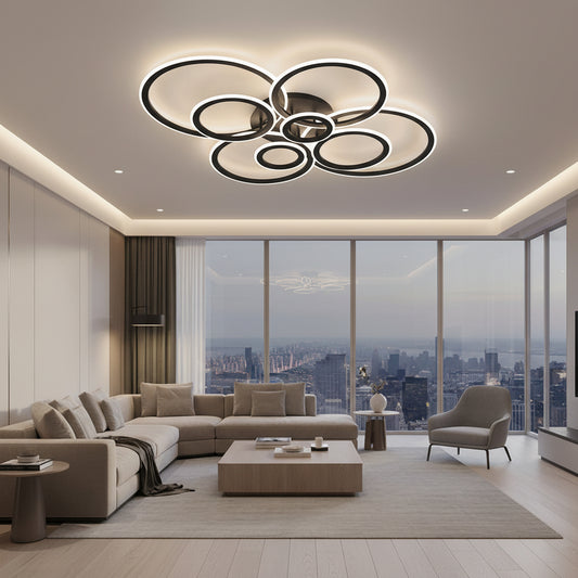 LED lustr s dálkovým ovládáním BETTY 127W, 8 kruhů, studené/teplé/neutrální světlo, stmívatelné, černé LED lustry s dálkovým ovládáním Výchozí název Alessandro Design