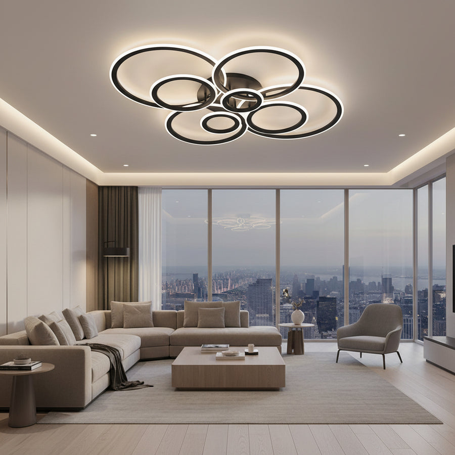 LED lustr s dálkovým ovládáním BETTY 127W, 8 kruhů, studené/teplé/neutrální světlo, stmívatelné, černé LED lustry s dálkovým ovládáním Výchozí název Alessandro Design