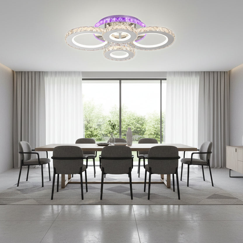 LED lustr s dálkovým ovládáním a krystalem NOVA ROTONDA RGB 82W, 4 kruhy, studené/teplé/neutrální světlo, stmívatelné, Chrome LED lustry a krystaly Výchozí název Alessandro Design
