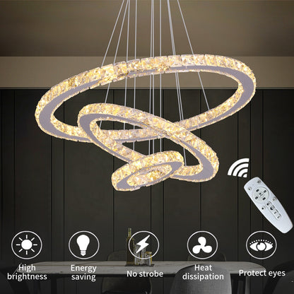 Závěsný LED lustr s dálkovým ovládáním a krystalem CAYDEN 200W, 3 kruhy, studené/teplé/neutrální světlo, stmívatelný, lesklý chrom, nastavitelná výška LED lustr Výchozí název Alessandro Design