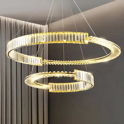 Závěsný LED křišťálový lustr PRISM REGAL 81W, 2 kruhy, studené/teplé/neutrální světlo, stmívatelný, zlatý, výškově nastavitelný