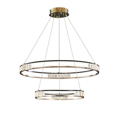 Závěsný LED lustr s dálkovým ovládáním a křišťálovým ROGER 100W, 2 kruhy, studené/teplé/neutrální světlo, stmívatelné, lesklé zlaté, výškově nastavitelné křišťálové LED lustry Výchozí název Alessandro Design