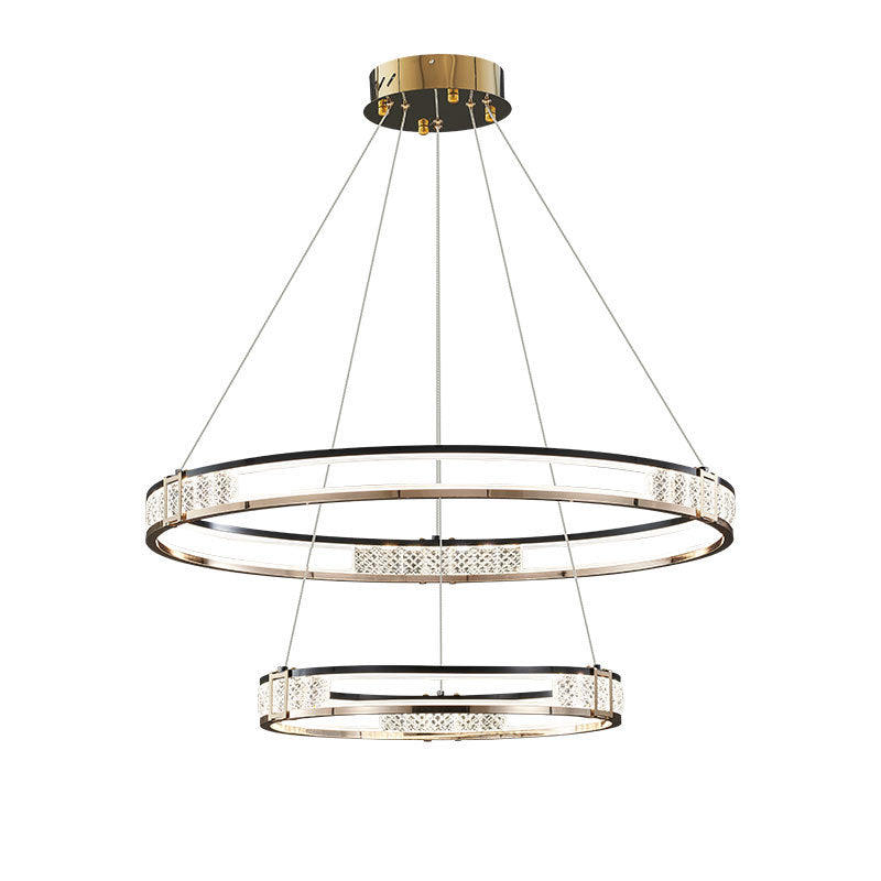 Závěsný LED lustr s dálkovým ovládáním a křišťálovým ROGER 100W, 2 kruhy, studené/teplé/neutrální světlo, stmívatelné, lesklé zlaté, výškově nastavitelné křišťálové LED lustry Výchozí název Alessandro Design