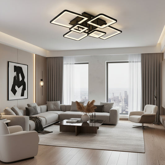 LED lustr s dálkovým ovládáním ELLA 120W, 6 čtverců, studené/teplé/neutrální světlo, stmívatelné, černé, kovové a akrylové LED lustry s dálkovým ovládáním Výchozí název Alessandro Design