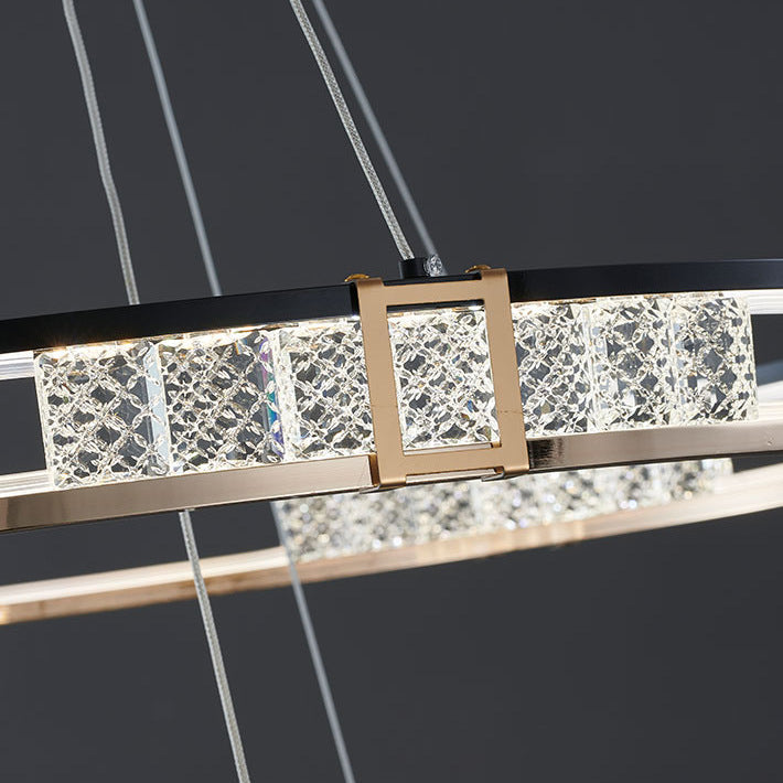 Závěsný LED lustr s dálkovým ovládáním a křišťálovým ROGER 100W, 2 kruhy, studené/teplé/neutrální světlo, stmívatelné, lesklé zlaté, výškově nastavitelné křišťálové LED lustry Výchozí název Alessandro Design