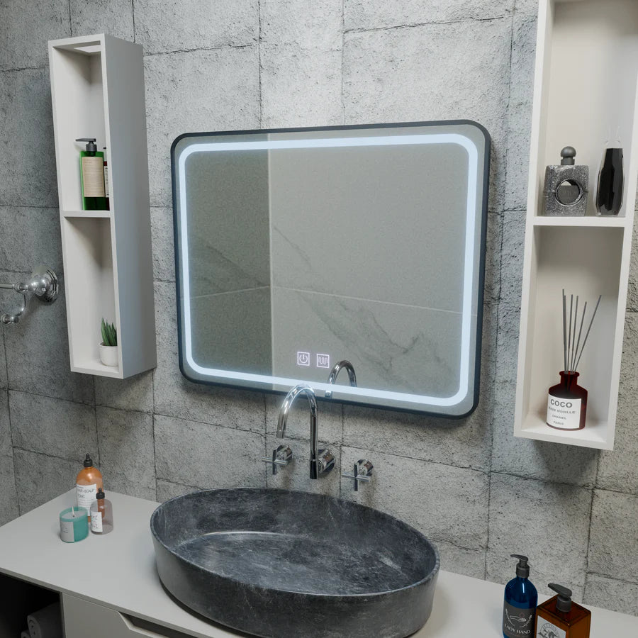 Obdélníkové LED zrcadlo 90x75cm EDGE Touch Demister System, černý rám zrcadla Korman E Výchozí název Alessandro Design