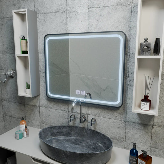 Obdélníkové LED zrcadlo 90x75cm EDGE Touch Demister System, černý rám zrcadla Korman E Výchozí název Alessandro Design