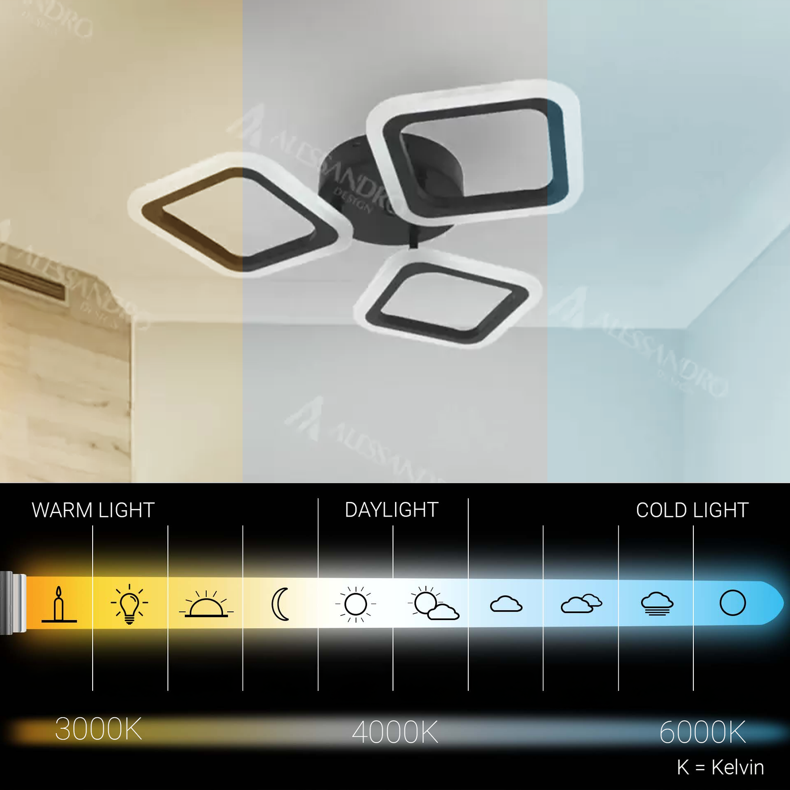 LED lustr PULSARIS 40W, 3 čtverce, studené/teplé/neutrální světlo, černé LED lustry Výchozí název Alessandro Design