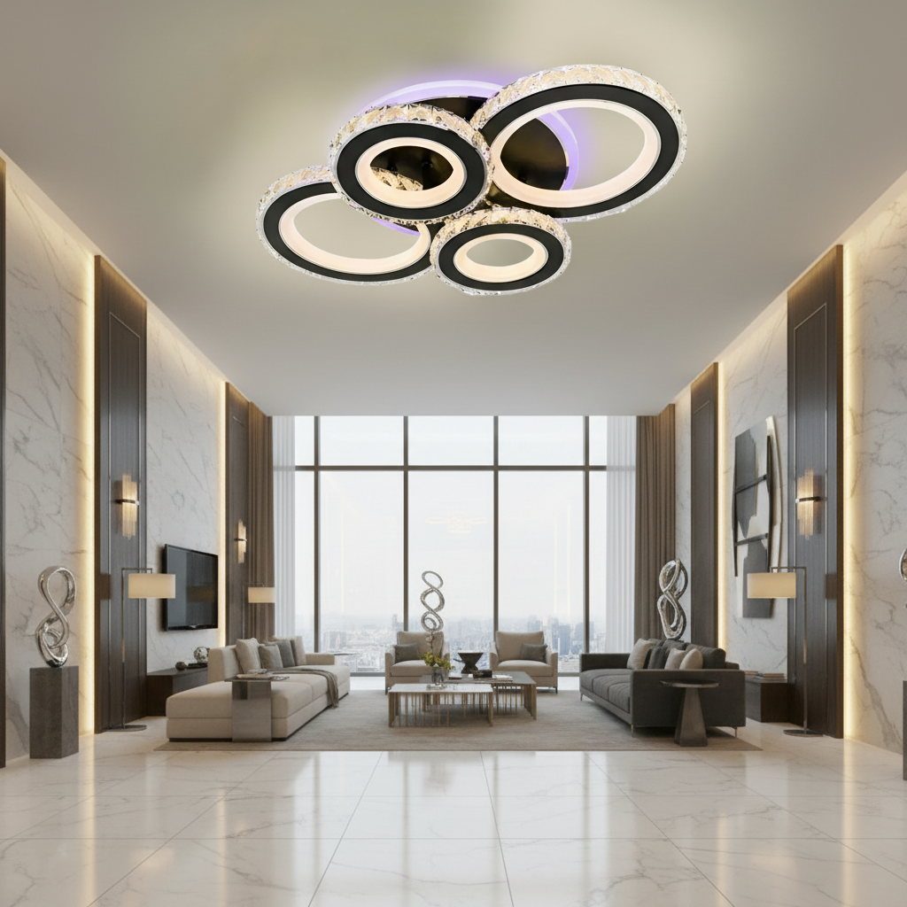 LED lustr s dálkovým ovládáním a krystalem NOVA ROTONDA RGB 82W, 4 kruhy, studené/teplé/neutrální světlo, stmívatelné, černé LED lustry s dálkovým ovládáním Výchozí název Alessandro Design