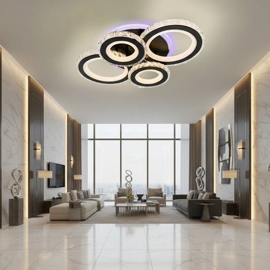 LED lustr s dálkovým ovládáním a krystalem NOVA ROTONDA RGB 82W, 4 kruhy, studené/teplé/neutrální světlo, stmívatelné, černé LED lustry s dálkovým ovládáním Výchozí název Alessandro Design