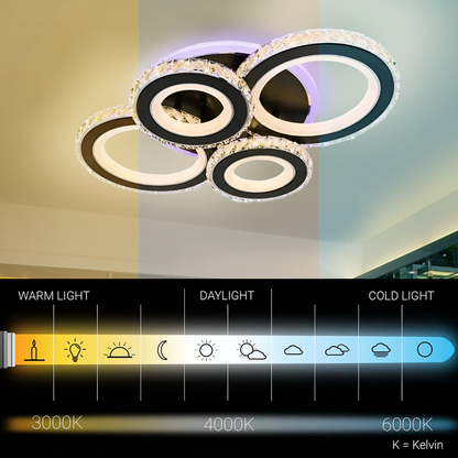LED lustr s dálkovým ovládáním a krystalem NOVA ROTONDA RGB 82W, 4 kruhy, studené/teplé/neutrální světlo, stmívatelné, černé LED lustry s dálkovým ovládáním Výchozí název Alessandro Design