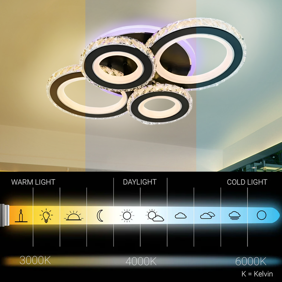 LED lustr s dálkovým ovládáním a krystalem NOVA ROTONDA RGB 82W, 4 kruhy, studené/teplé/neutrální světlo, stmívatelné, černé LED lustry s dálkovým ovládáním Výchozí název Alessandro Design