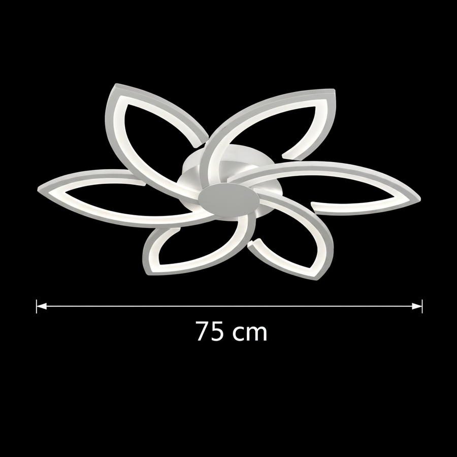 Lustra LED cu telecomanda si cristal FLORA 82W, 6 Petale, lumina Rece/Calda/Neutra, Dimabila, Alb