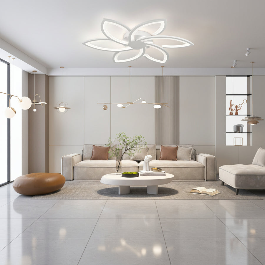 Lustra LED cu telecomanda si cristal FLORA 82W, 6 Petale, lumina Rece/Calda/Neutra, Dimabila, Alb
