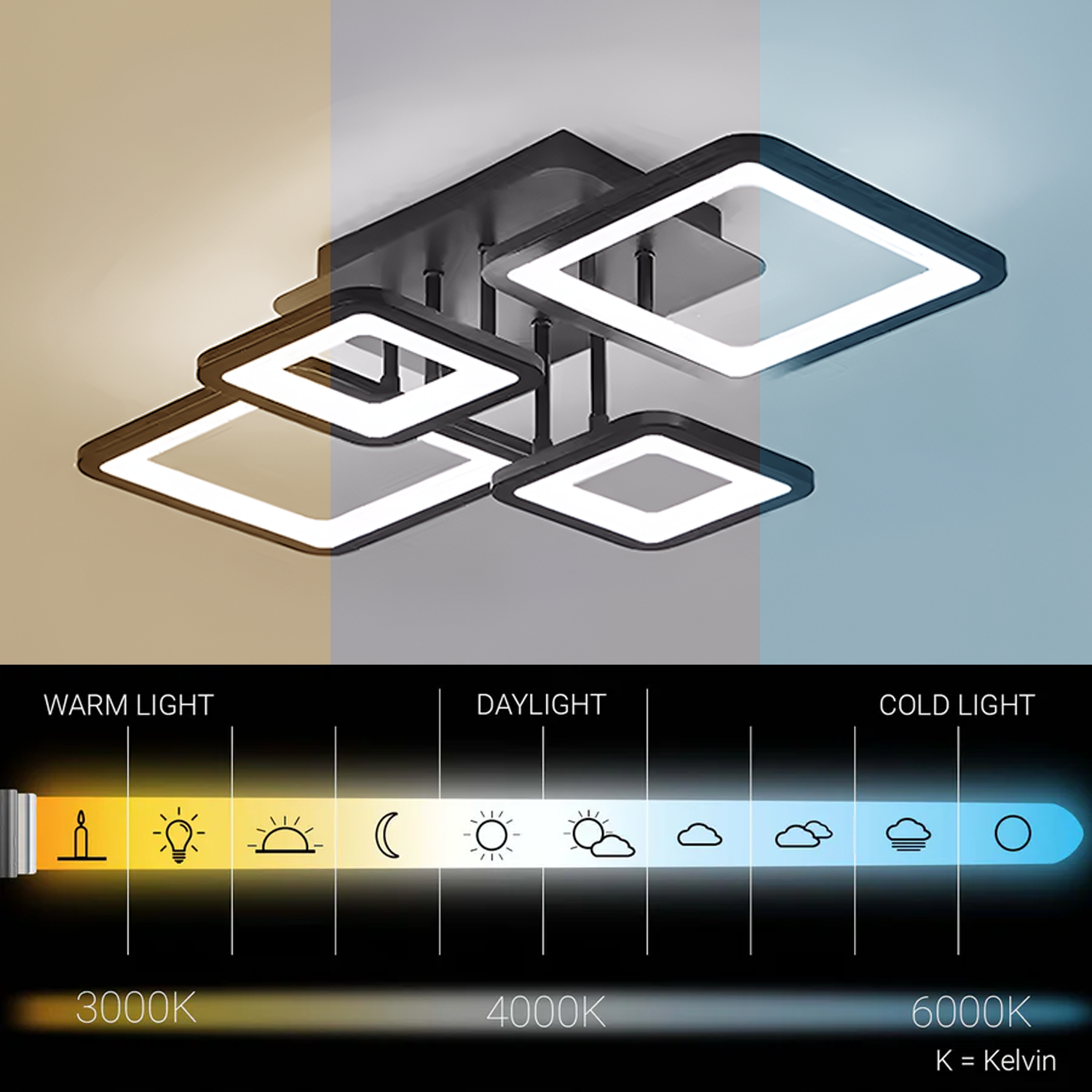 LED lustr s dálkovým ovládáním ELLA 67W, 4 čtverce, studené/teplé/neutrální světlo, stmívatelné, černé LED lustry s dálkovým ovládáním Výchozí název Alessandro Design