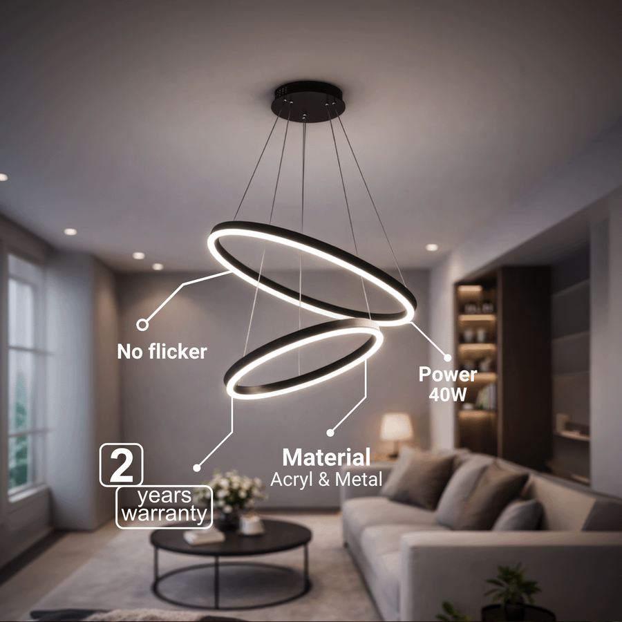 Závěsný LED lustr s dálkovým ovládáním CASIANA 40W, 2 kruhy, studené/teplé/neutrální světlo 3000K/4000K/6000K, stmívatelný, černý, nastavitelná výška, kovové a akrylové LED lustry s dálkovým ovládáním Výchozí název Alessandro Design