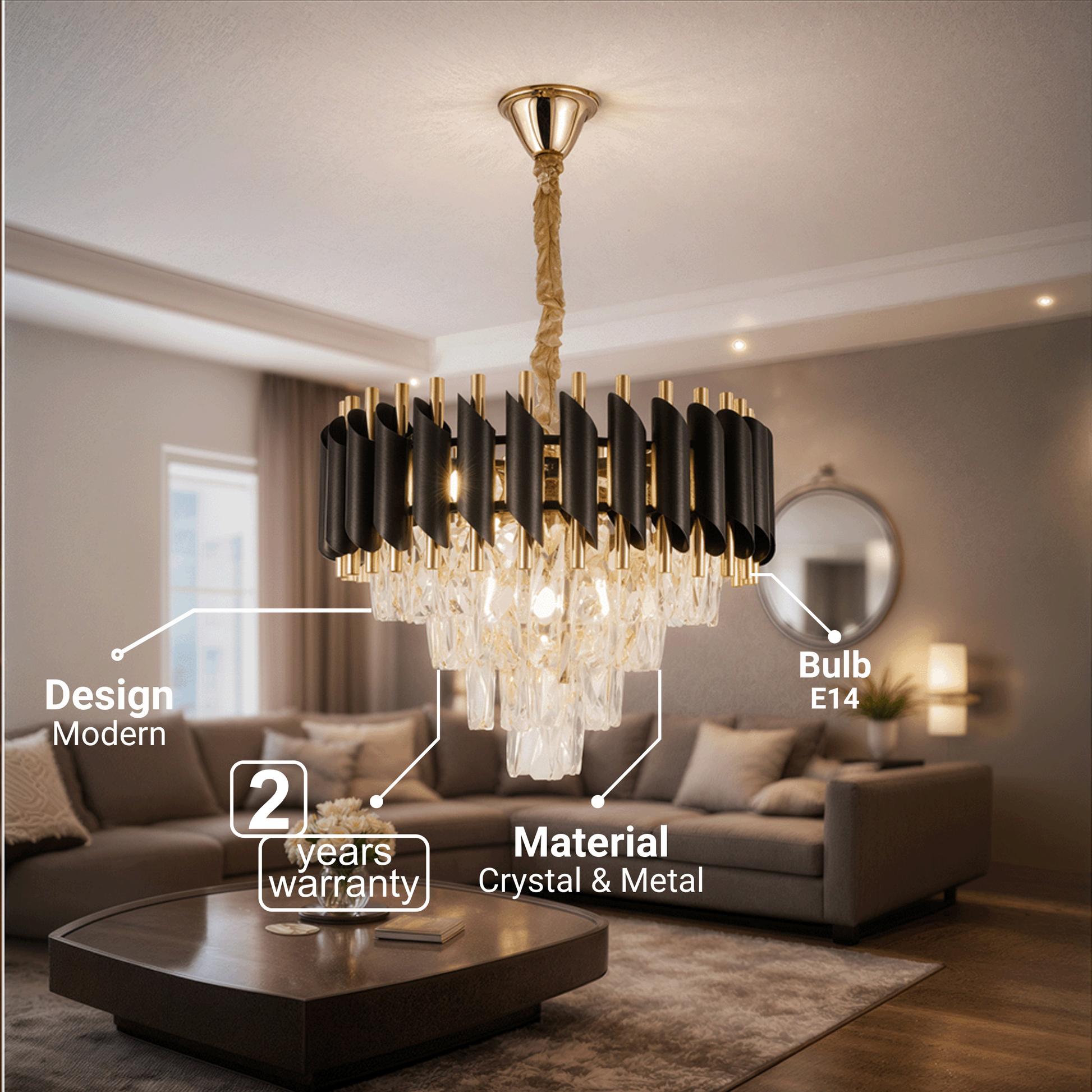 Křišťálový lustr VERSAILLES Nobile 5xE14, průměr 40cm, lesklé zlaté a černé křišťálové lustry Výchozí název Alessandro Design