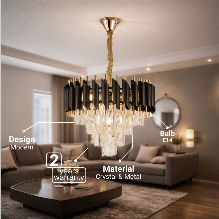 Křišťálový lustr VERSAILLES Nobile 5xE14, průměr 40cm, lesklé zlaté a černé křišťálové lustry Výchozí název Alessandro Design