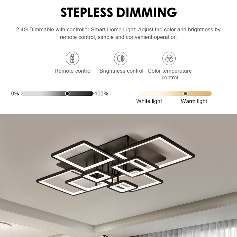 LED lustr s dálkovým ovládáním ELLA 186W, 8 čtverců, studené/teplé/neutrální světlo, stmívatelné, černé LED lustry s dálkovým ovládáním Výchozí název Alessandro Design