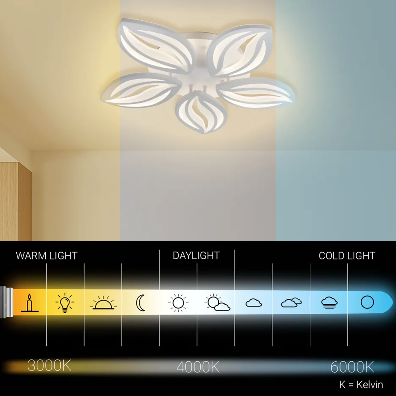 LED lustr s dálkovým ovládáním ORCHID 66W, 5 okvětních lístků, studené/teplé/neutrální světlo, stmívatelné, bílý LED lustr s dálkovým ovládáním Výchozí název Alessandro Design