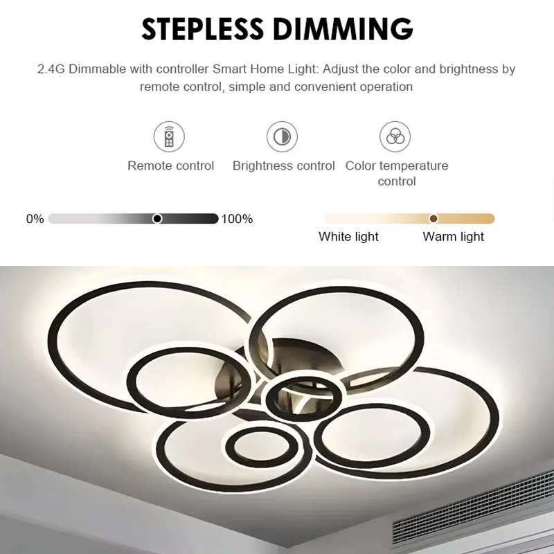 LED lustr s dálkovým ovládáním BETTY 127W, 8 kruhů, studené/teplé/neutrální světlo, stmívatelné, černé LED lustry s dálkovým ovládáním Výchozí název Alessandro Design