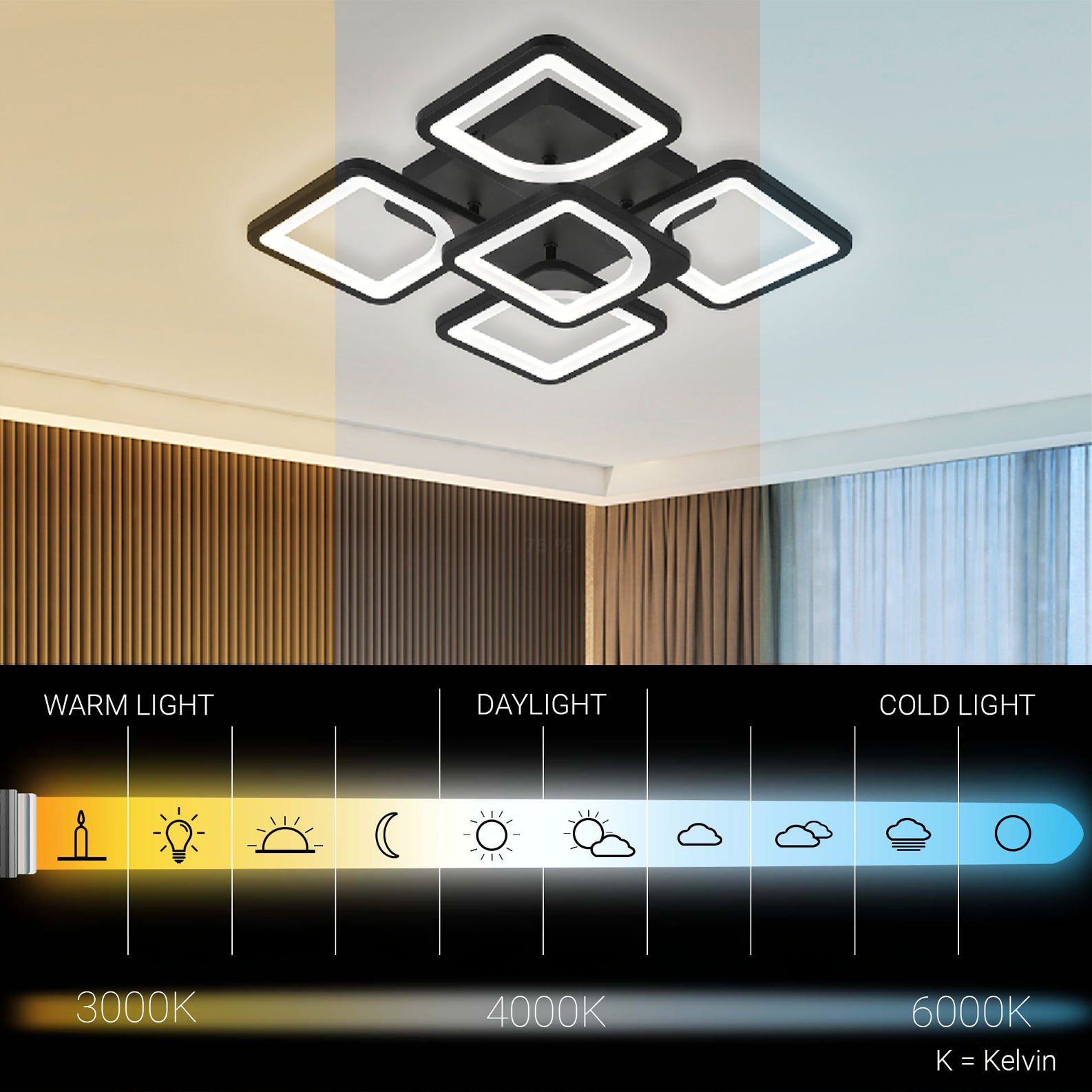 LED lustr s dálkovým ovládáním ZOE 65W, 5 čtverců, studené/teplé/neutrální světlo, stmívatelné, černé LED lustry s dálkovým ovládáním Výchozí název Alessandro Design
