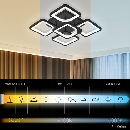 LED lustr s dálkovým ovládáním ZOE 65W, 5 čtverců, studené/teplé/neutrální světlo, stmívatelné, černé LED lustry s dálkovým ovládáním Výchozí název Alessandro Design