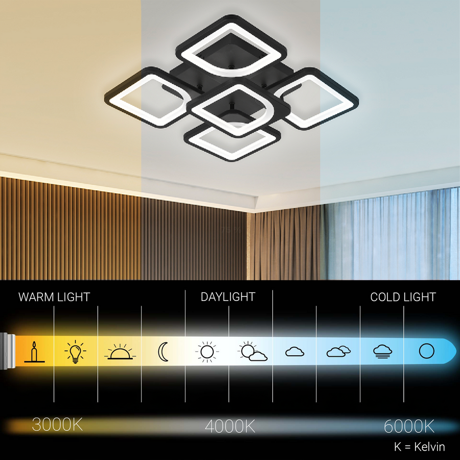 LED lustr s dálkovým ovládáním ZOE 65W, 5 čtverců, studené/teplé/neutrální světlo, stmívatelné, černé LED lustry s dálkovým ovládáním Výchozí název Alessandro Design