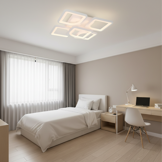 LED lustr s dálkovým ovládáním ZOE 70W, 5 čtverců, studené/teplé/neutrální světlo, stmívatelné, bílý LED lustr s dálkovým ovládáním Výchozí název Alessandro Design