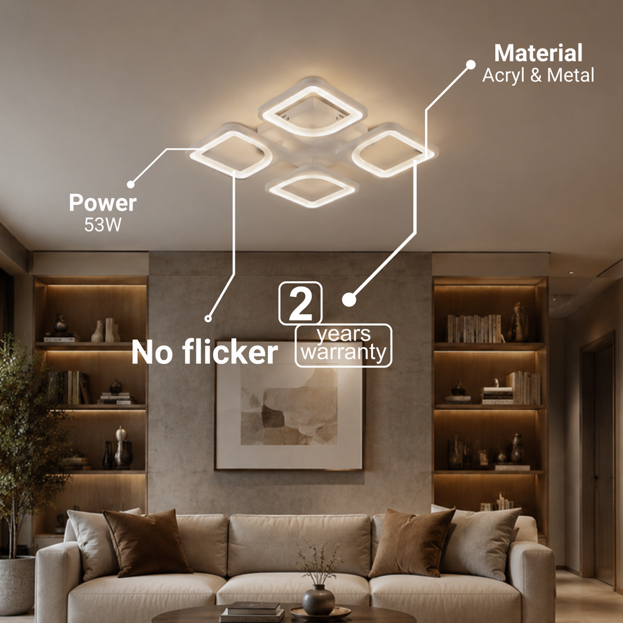 LED lustr s dálkovým ovládáním ZOE 53W, 4 čtverce, studené/teplé/neutrální světlo, stmívatelné, bílý LED lustr s dálkovým ovládáním Výchozí název Alessandro Design