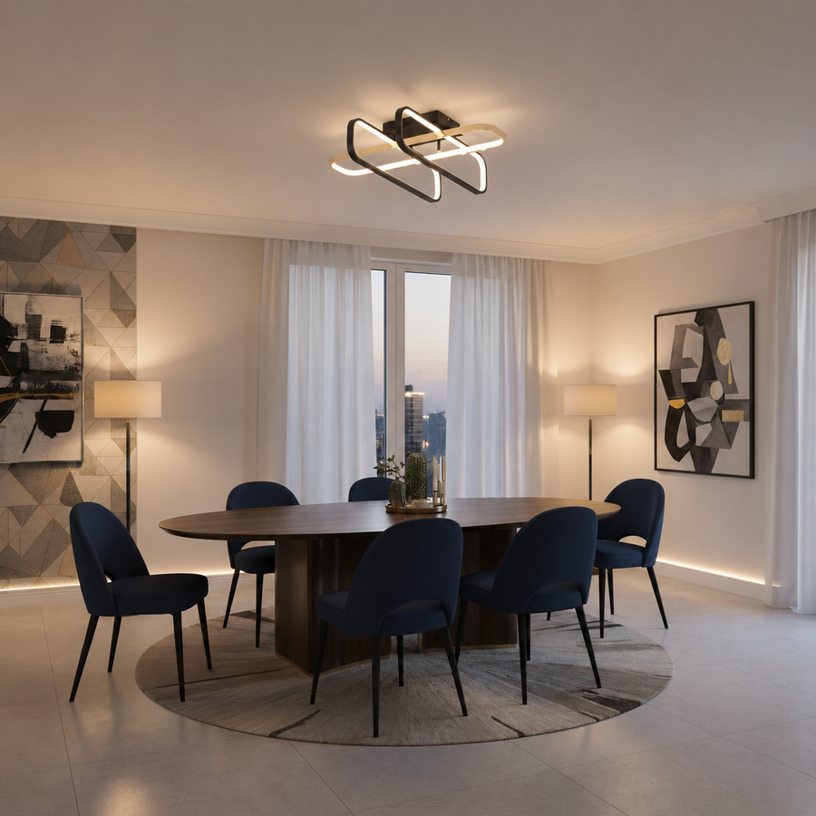 Lustra LED cu telecomanda TRANBERG, 3 surse(2negre+1auriu), 3000K/4000K/6000K, 152W, Metal și Plastic, Negru