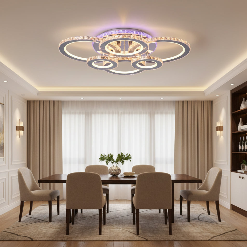 LED lustr s dálkovým ovládáním a krystalem NOVA ROTONDA RGB 144W, 6 kruhů, studené/teplé/neutrální světlo, stmívatelné, lesklý chrom LED lustry a krystaly Výchozí název Alessandro Design