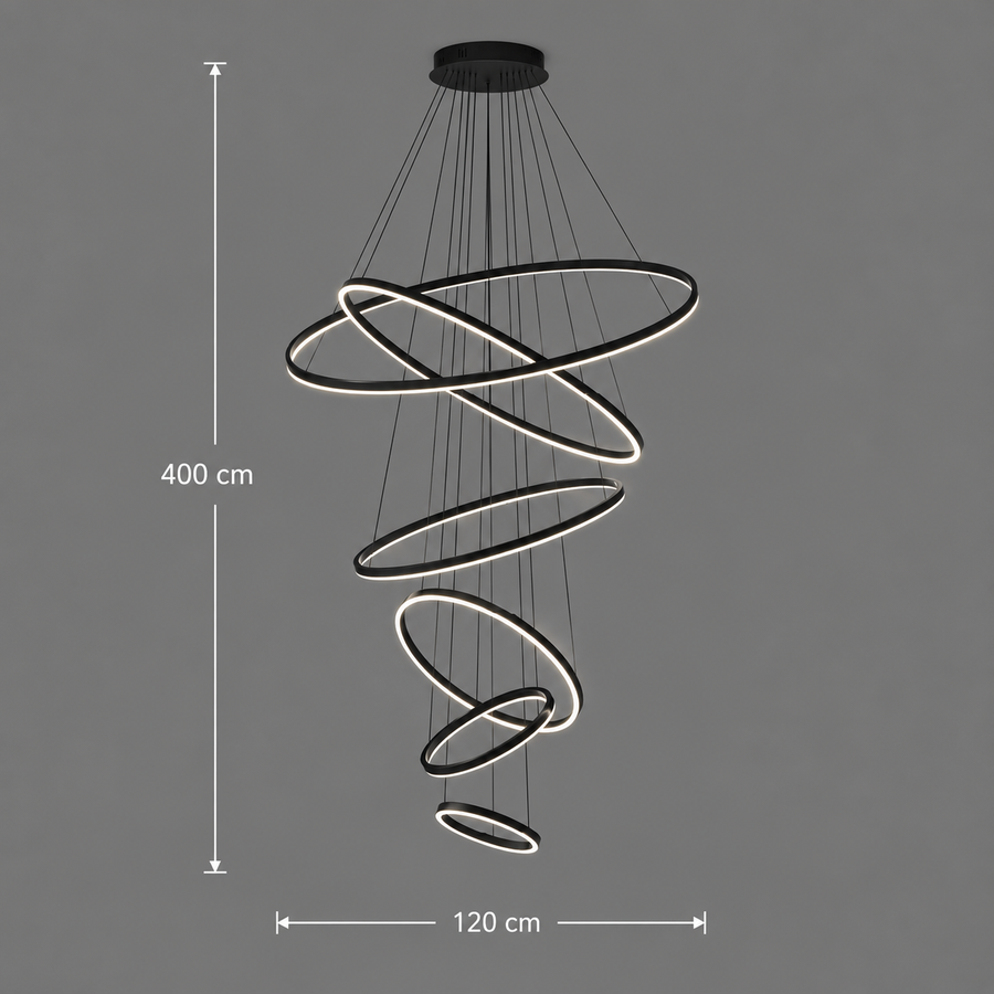 Lustra LED suspendata NARSAQ 222W, 6 Cercuri, lumina Rece/Calda/Neutra, Negru, Inaltime Reglabila