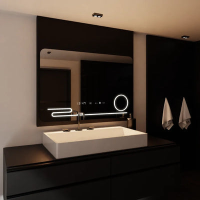 Obdélníkové LED zrcadlo, 120x80cm, Harmonie MotionGlow Marcello, Demister System, Hodiny & Teploměr, Kosmetická lupa, Stmívatelné