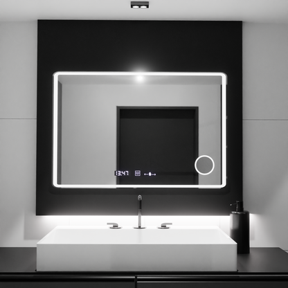 Obdélníkové LED zrcadlo 120x80 Aura Riflesso Puro MotionGlow Marcello, systém odmlžování, teploměr a hodiny, stmívatelná zrcátka Marcello Výchozí název Alessandro Design