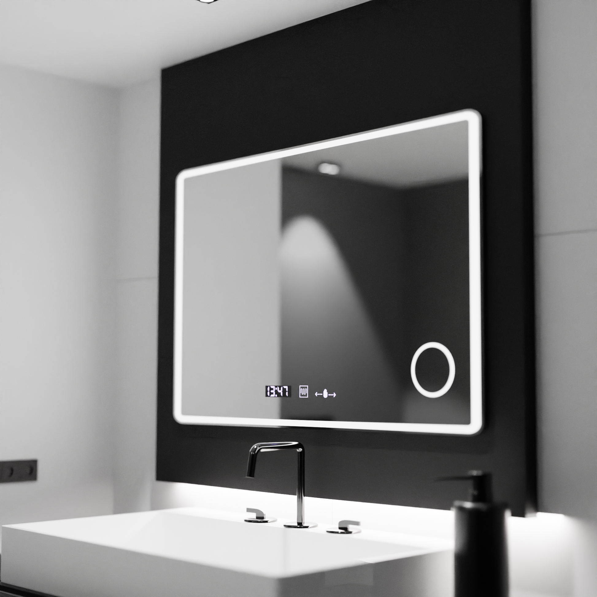 Obdélníkové LED zrcadlo 120x80 Aura Riflesso Puro MotionGlow Marcello, systém odmlžování, teploměr a hodiny, stmívatelná zrcátka Marcello Výchozí název Alessandro Design