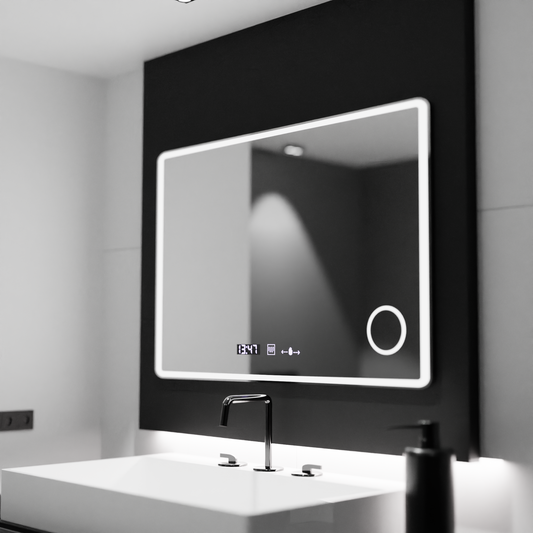 Obdélníkové LED zrcadlo 120x80 Aura Riflesso Puro MotionGlow Marcello, systém odmlžování, teploměr a hodiny, stmívatelná zrcátka Marcello Výchozí název Alessandro Design