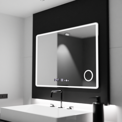 Obdélníkové LED zrcadlo 120x80 Aura Riflesso Puro MotionGlow Marcello, Demister System, Teploměr a hodiny, Stmívatelné