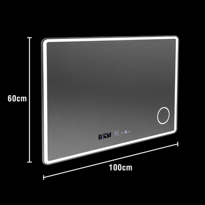 Obdélníkové LED zrcadlo 120x80 Aura Riflesso Puro MotionGlow Marcello, Demister System, Teploměr a hodiny, Stmívatelné