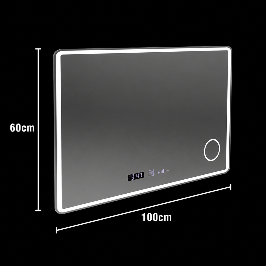 Obdélníkové LED zrcadlo 120x80 Aura Riflesso Puro MotionGlow Marcello, Demister System, Teploměr a hodiny, Stmívatelné