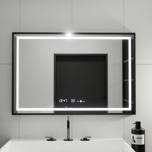 Obdélníkové LED zrcadlo, 100x80 cm, Verite Majeste Noir MotionGlow Marcello, systém odmlžování, hodiny a teploměr, stmívatelná zrcátka Marcello Výchozí název Alessandro Design
