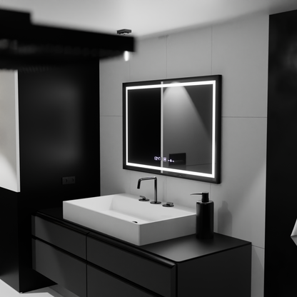 Obdélníkové LED zrcadlo, 100x80 cm, Verite Majeste Noir MotionGlow Marcello, systém odmlžování, hodiny a teploměr, stmívatelná zrcátka Marcello Výchozí název Alessandro Design
