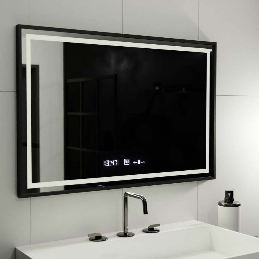 Obdélníkové LED zrcadlo, 100x80 cm, Verite Majeste Noir MotionGlow Marcello, systém odmlžování, hodiny a teploměr, stmívatelná zrcátka Marcello Výchozí název Alessandro Design