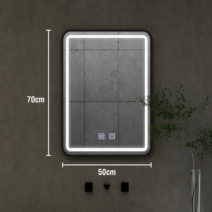 Obdélníkové LED zrcadlo, 50x70cm, EDGE Touch, Demister System, černý rám