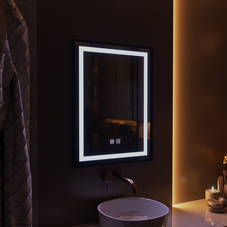 Obdélníkové LED zrcadlo, 60x80cm, EDGE Touch, Demister System, černý rám