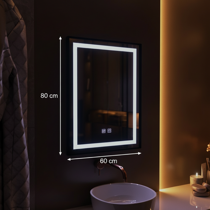 Obdélníkové LED zrcadlo, 60x80cm, EDGE Touch, Demister System, černý rám